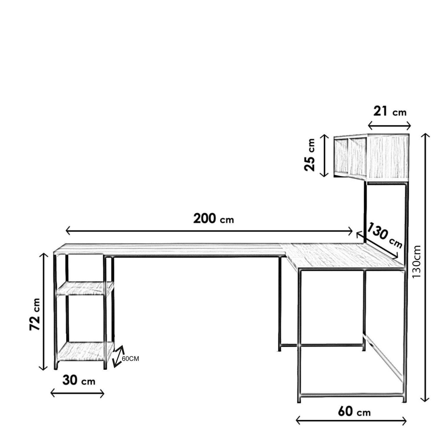 Bureau d'angle style industriel avec étagères Mickinaw Bois foncé et Métal Noir