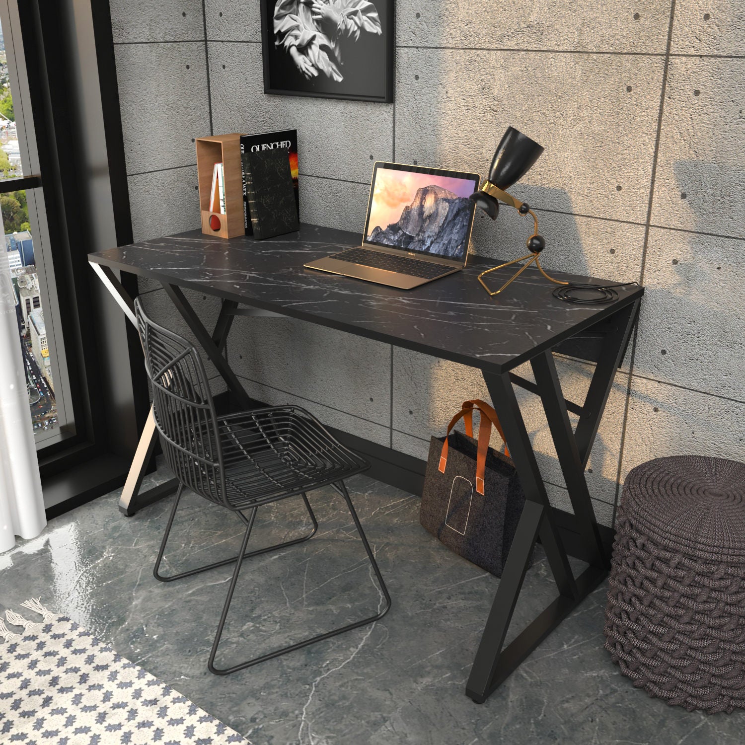 Bureau style industriel Powa 120cm Noir et Noir Effet marbre