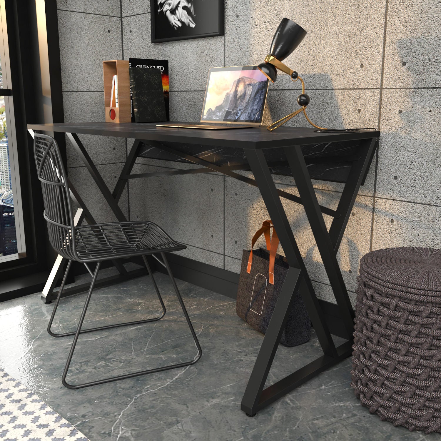 Bureau style industriel Powa 120cm Noir et Noir Effet marbre