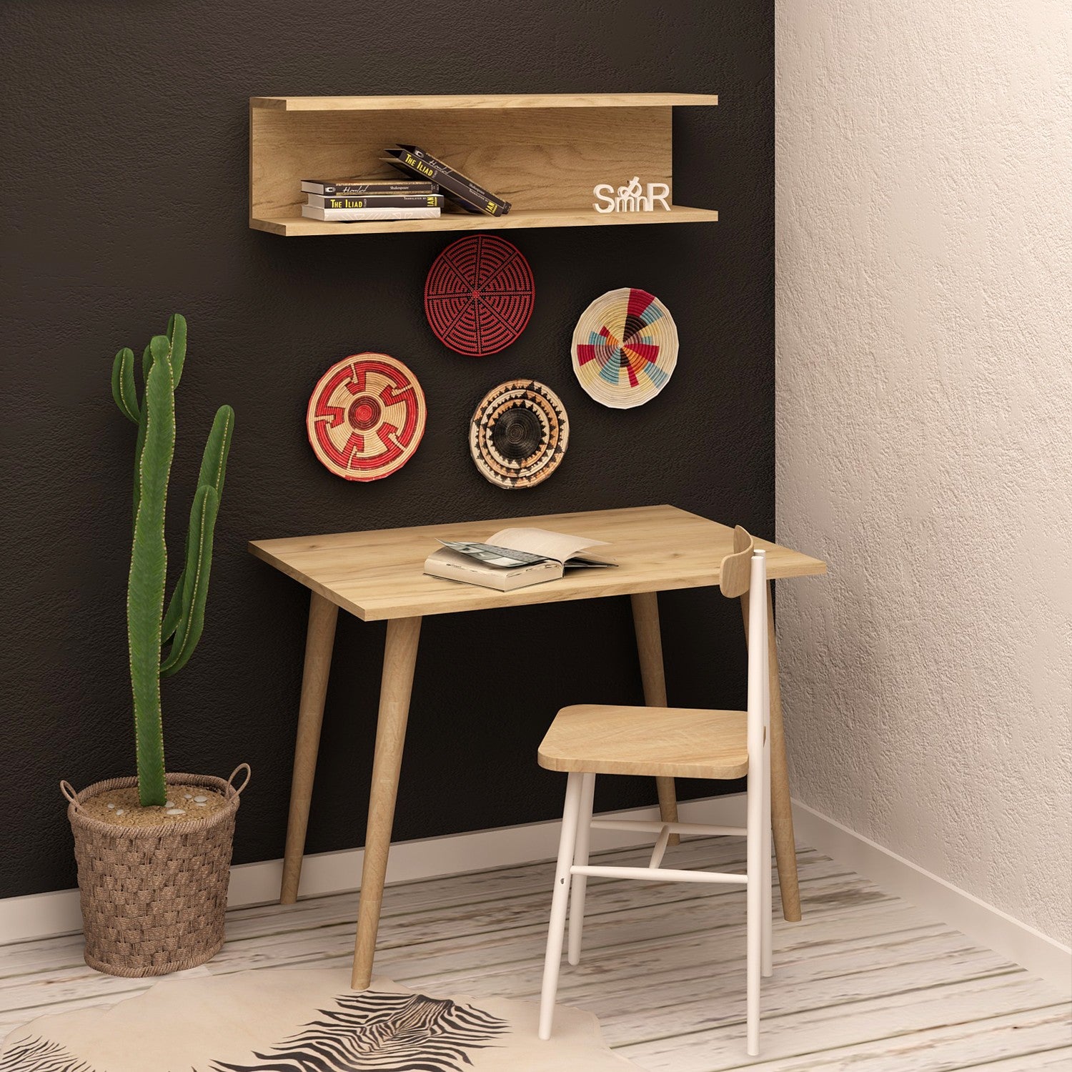 Bureau style scandinave avec étagère murale Charnoy Bois Chêne clair