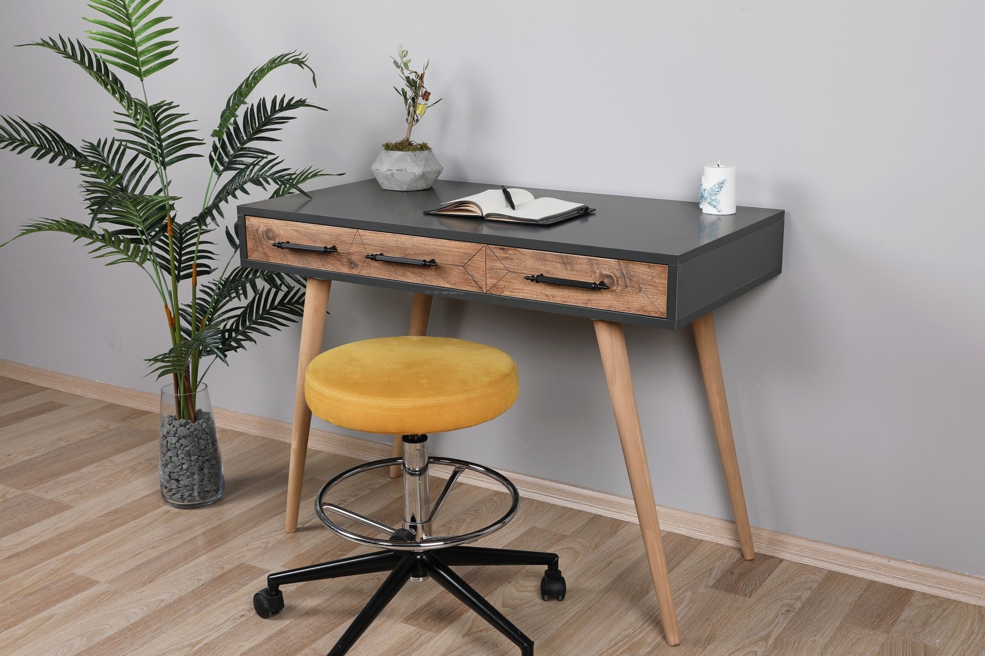 Bureau vintage style scandinave Bazin 2 tiroirs Gris et Chêne clair