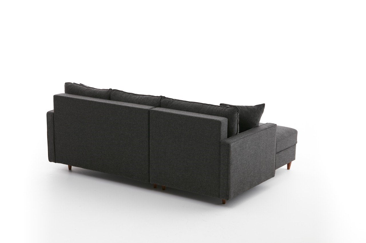 Canapé d'angle à gauche convertible avec pouf-coffre Evania Tissu Gris anthracite