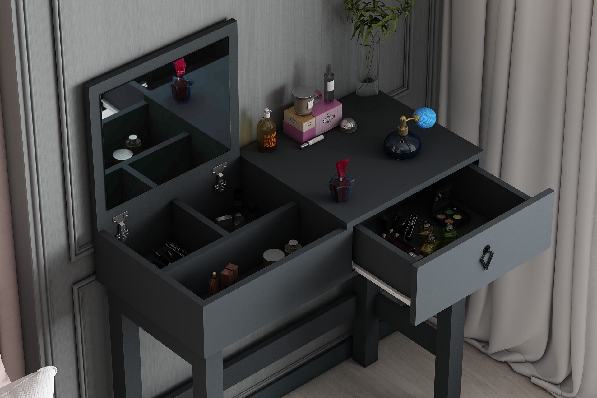 Coiffeuse avec miroir Vilda Bois Anthracite