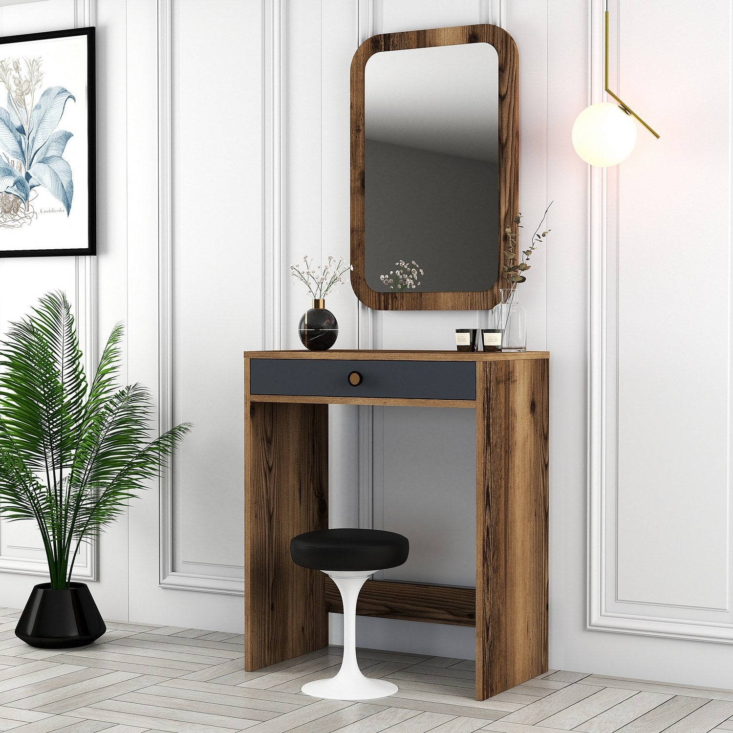 Coiffeuse design avec miroir Esadia L70cm Bois foncé et Anthracite