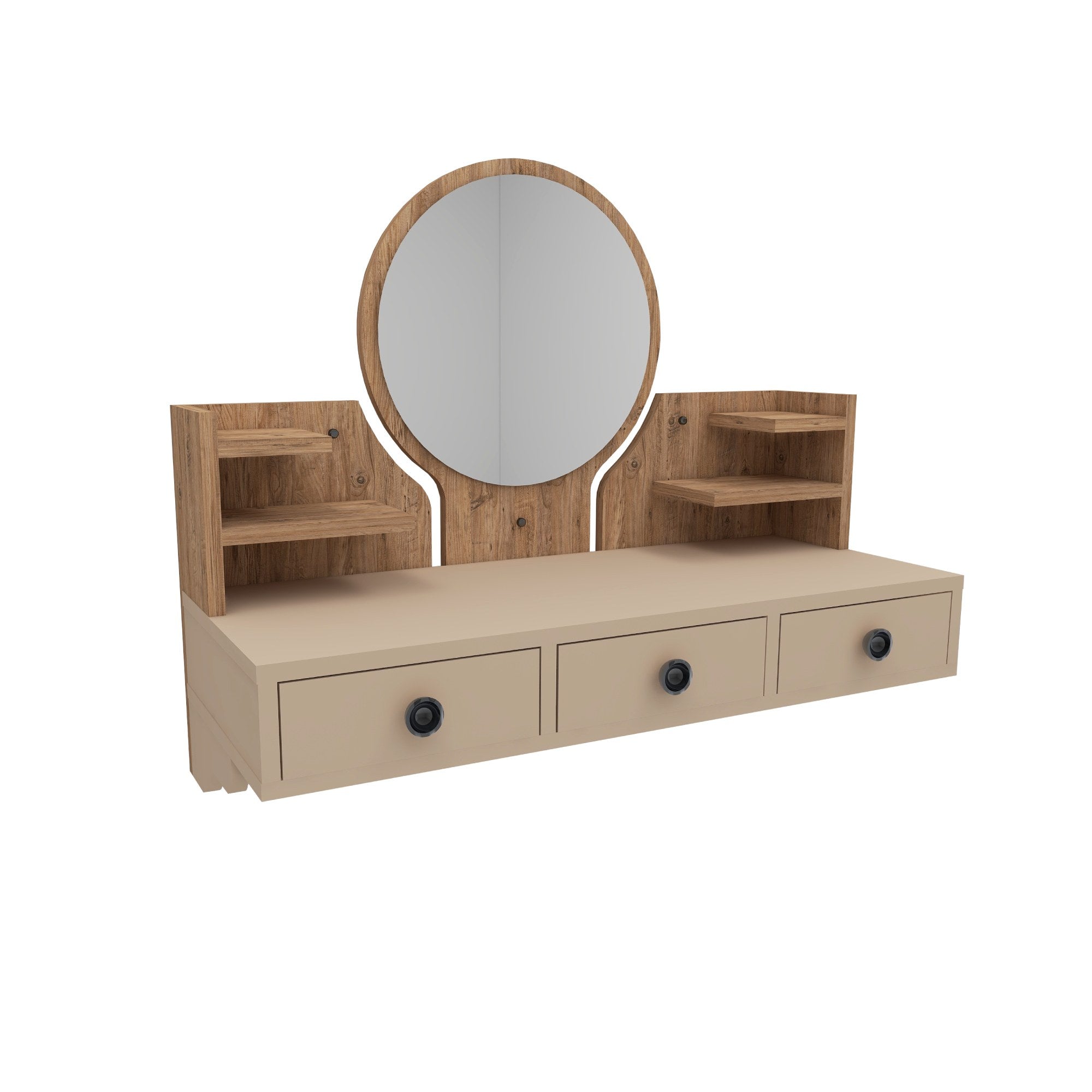 Coiffeuse murale 1 miroir et 3 tiroirs avec étagères Aruna Bois clair et Beige