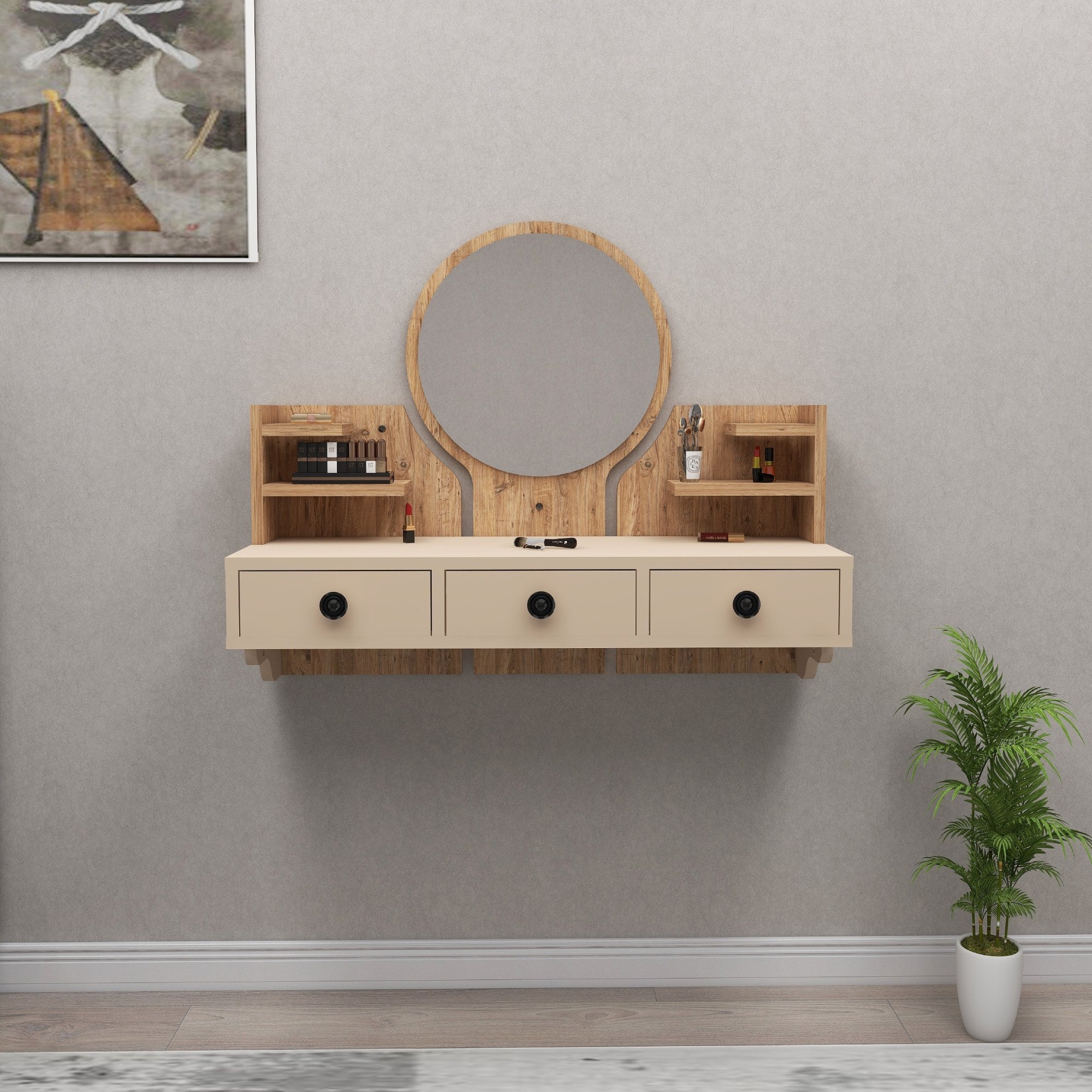 Coiffeuse murale 1 miroir et 3 tiroirs avec étagères Aruna Bois clair et Beige