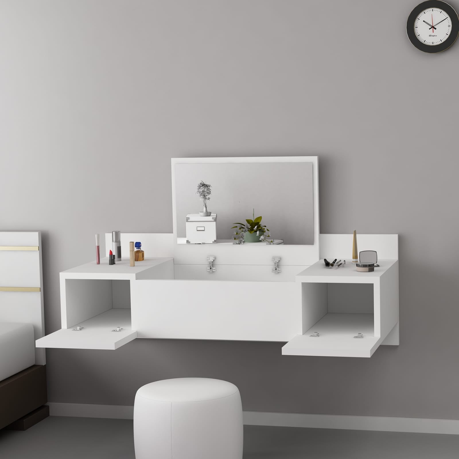 Coiffeuse murale Nelfa avec miroir en bois Blanc