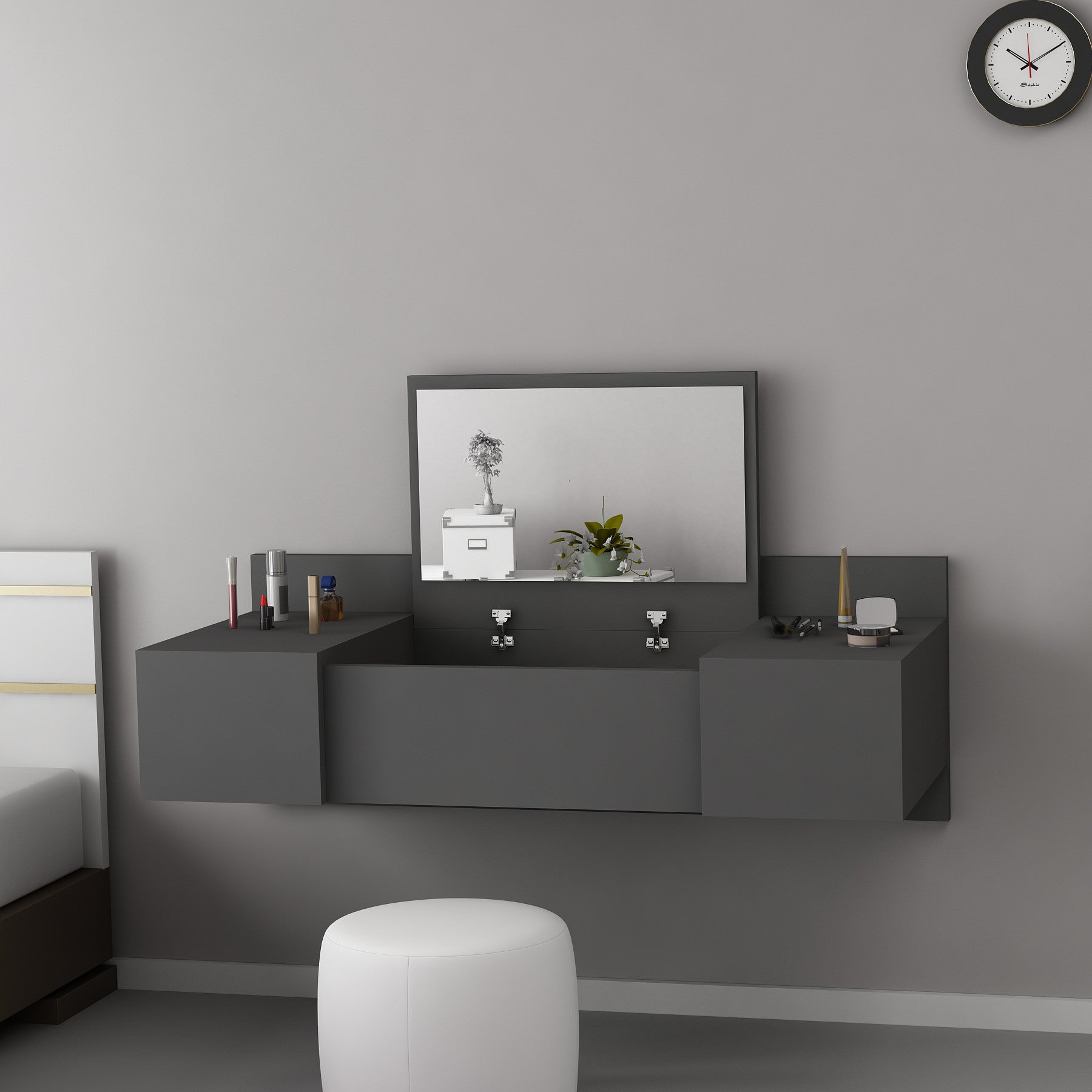 Coiffeuse murale Nelfa avec miroir en bois Gris