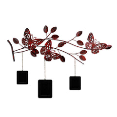 Décoration et 3 cadres muraux, 3 papillons sur branches Yatay L93xH65cm Métal Rouge et Noir