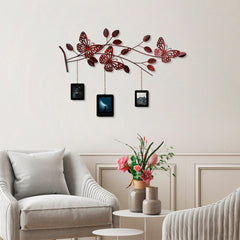 Décoration et 3 cadres muraux, 3 papillons sur branches Yatay L93xH65cm Métal Rouge et Noir