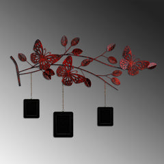 Décoration et 3 cadres muraux, 3 papillons sur branches Yatay L93xH65cm Métal Rouge et Noir