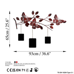 Décoration et 3 cadres muraux, 3 papillons sur branches Yatay L93xH65cm Métal Rouge et Noir