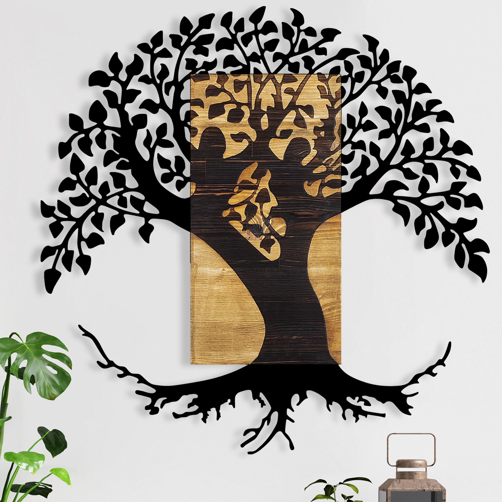 Décoration murale Chiara 89x90cm Grand Arbre Bois Naturel et Métal Noir