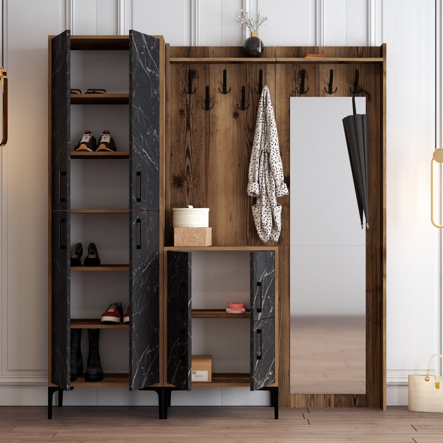 Ensemble armoire de rangement avec miroir et porte manteau Shera en bois Chêne foncé et Effet marbre Noir