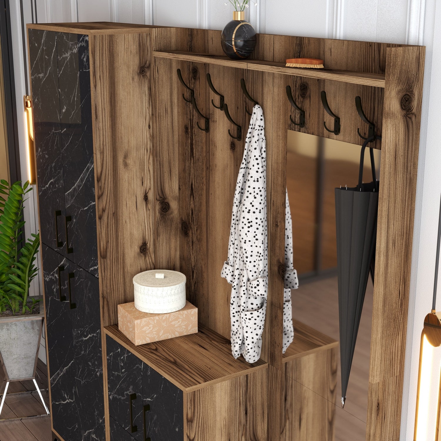 Ensemble armoire de rangement avec miroir et porte manteau Shera en bois Chêne foncé et Effet marbre Noir