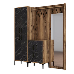 Ensemble armoire de rangement avec miroir et porte manteau Shera en bois Chêne foncé et Effet marbre Noir