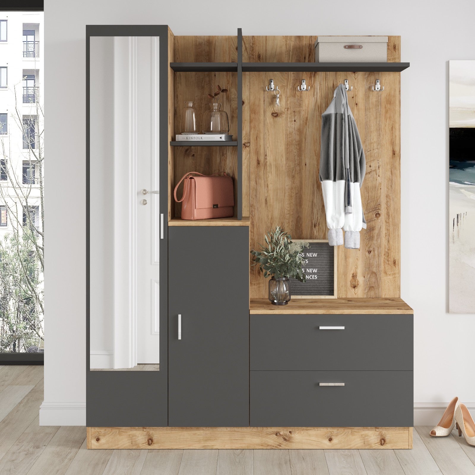 Ensemble armoire de rangement et porte manteau Laska style scandinave en bois Chêne clair et Gris