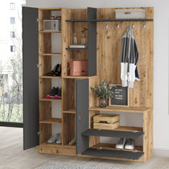 Ensemble armoire de rangement et porte manteau Laska style scandinave en bois Chêne clair et Gris