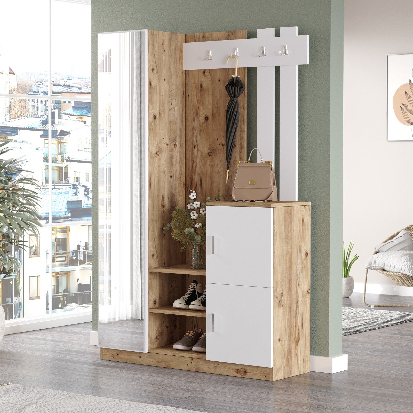 Ensemble armoire de rangement et porte manteau Laskay style scandinave en bois Chêne clair et Blanc