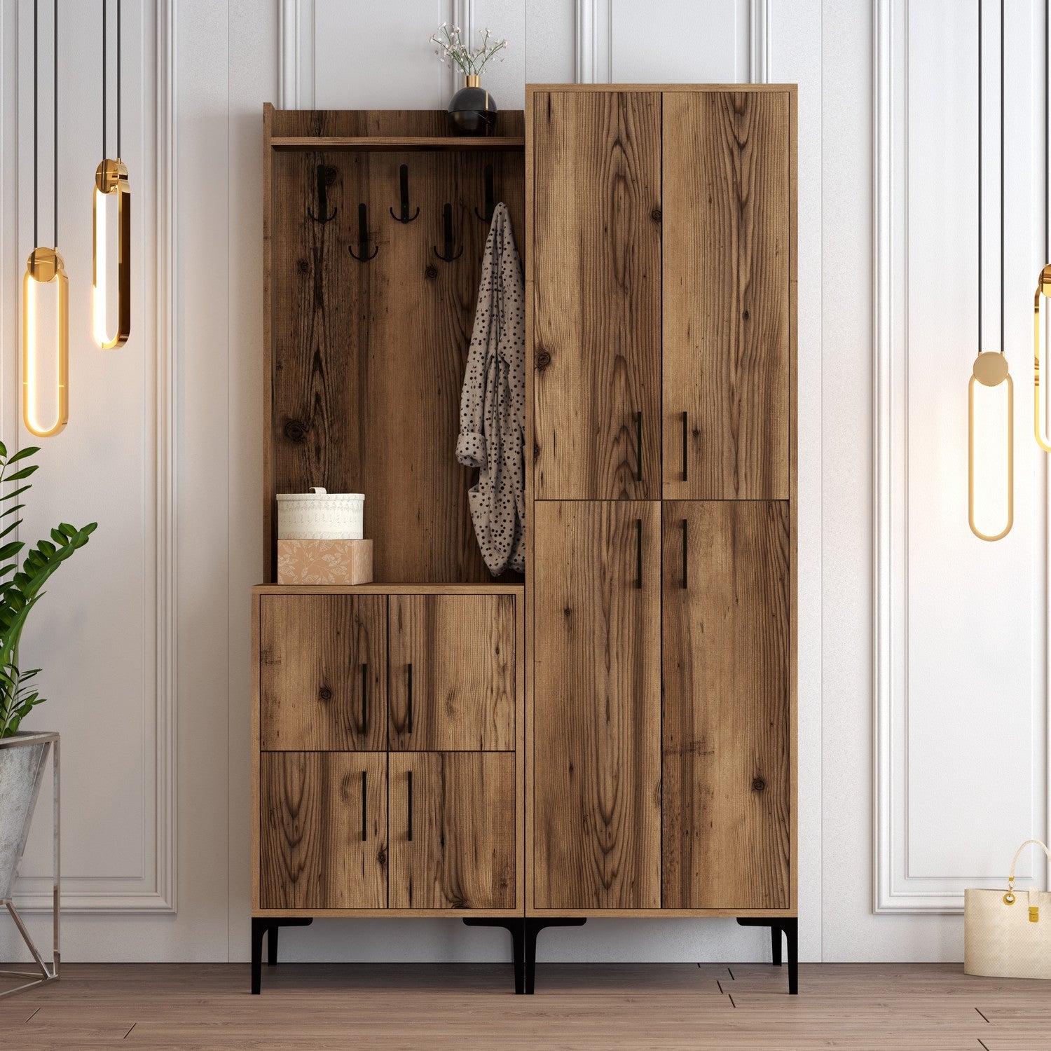 Ensemble armoire de rangement et porte manteau Shera en bois Chêne foncé