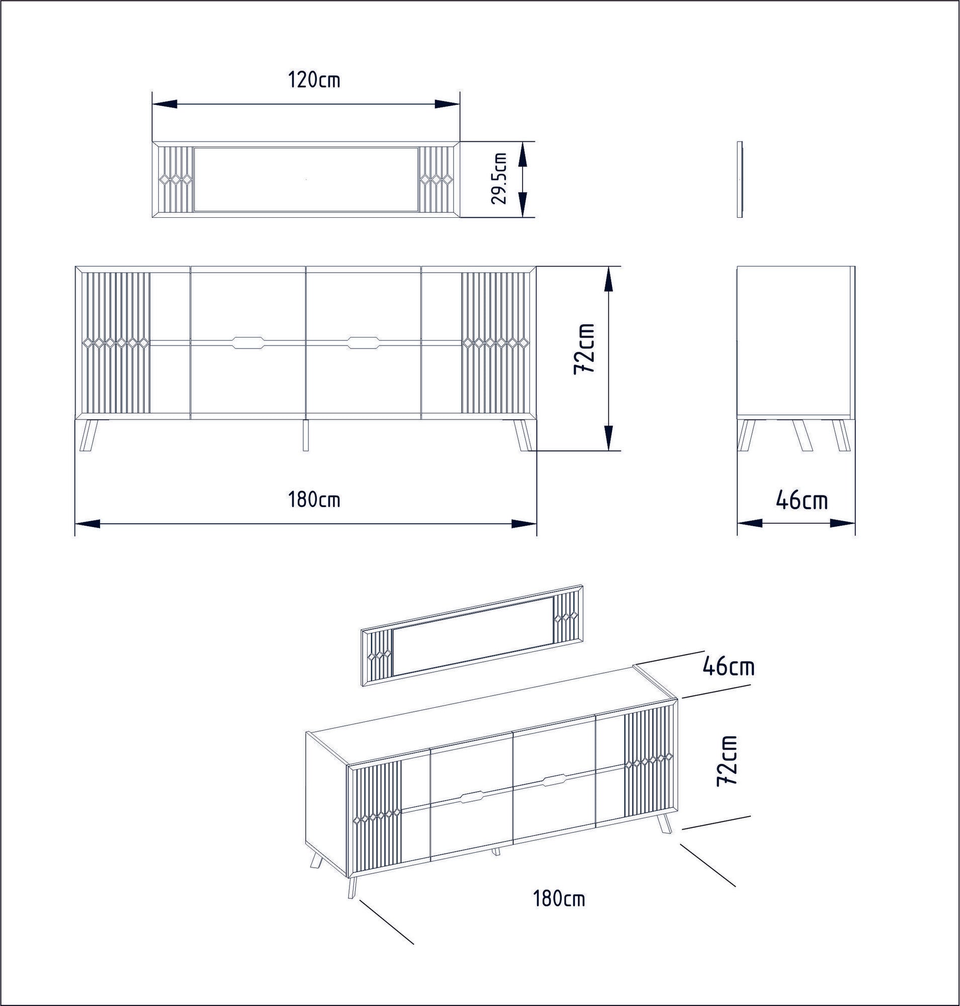 Ensemble buffet 4 portes 120cm et 1 miroir Wilma Métal Or et Bois Blanc effet marbre et Motif Géométrique Or