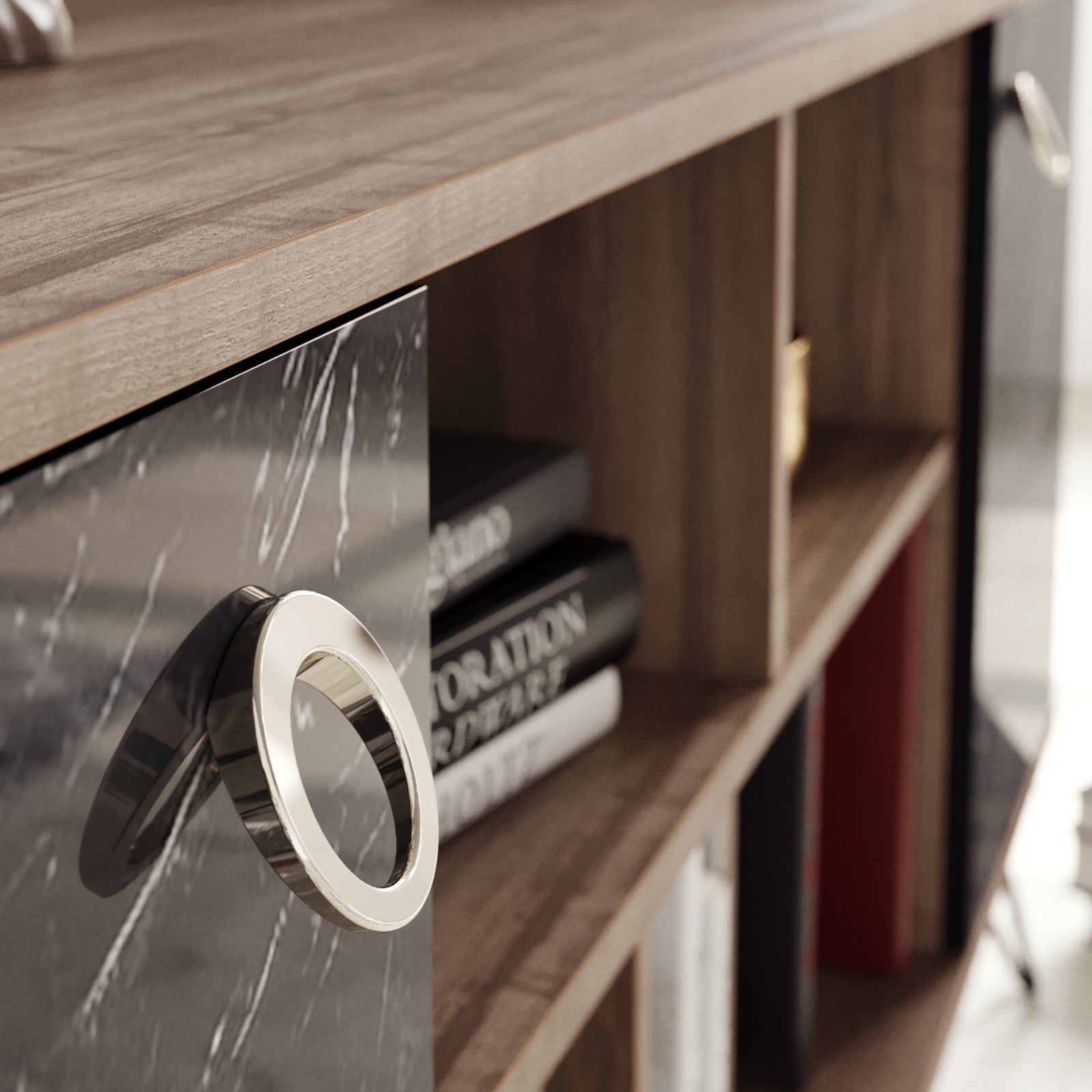 Ensemble Buffet et 2 miroirs Ancon Bois Naturel et Noir effet marbre