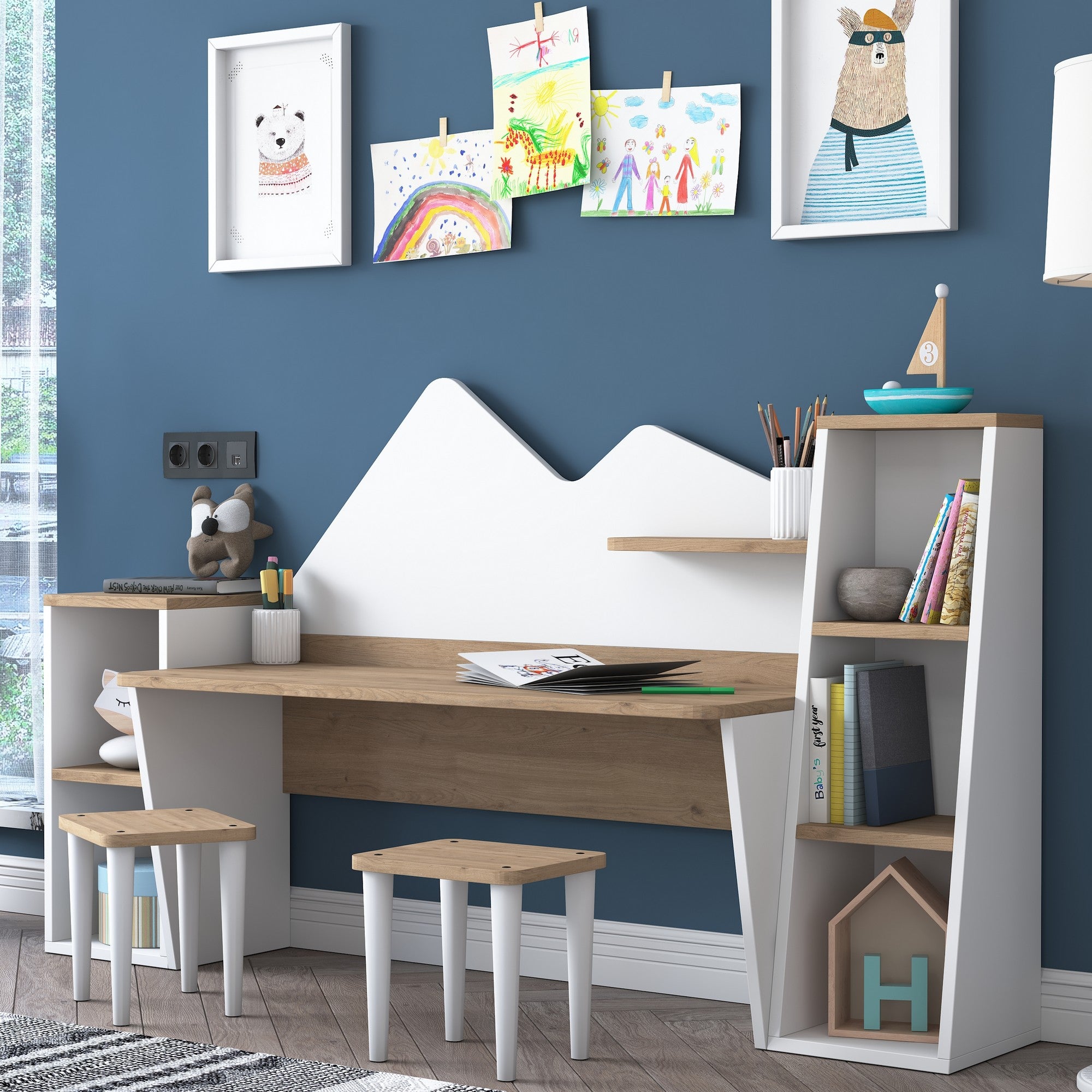 Ensemble Bureau, 2 bibliothèque et chaise Loretta Blanc et Bois clair