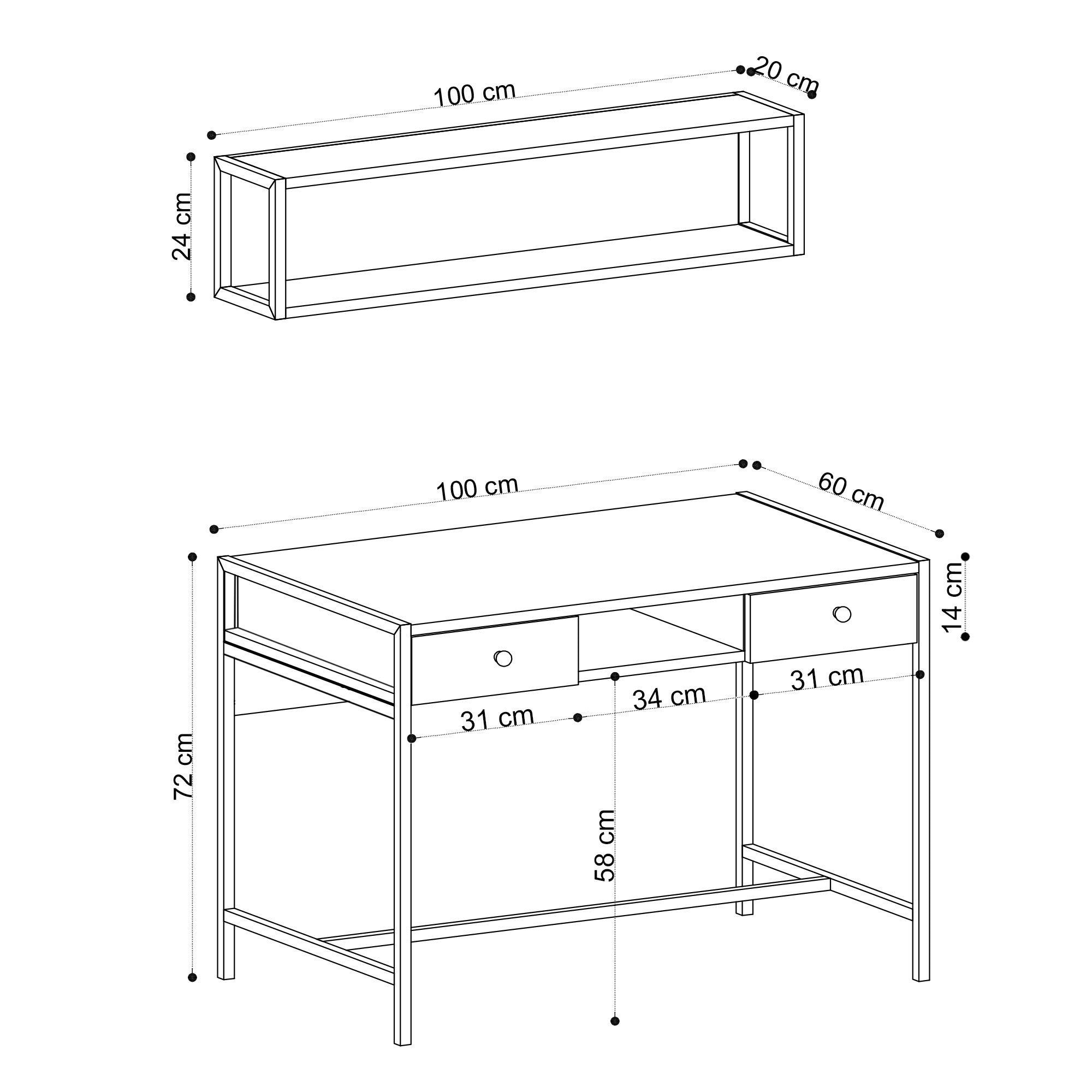 Ensemble bureau avec étagère murale et 2 tiroirs Bekila Chêne clair