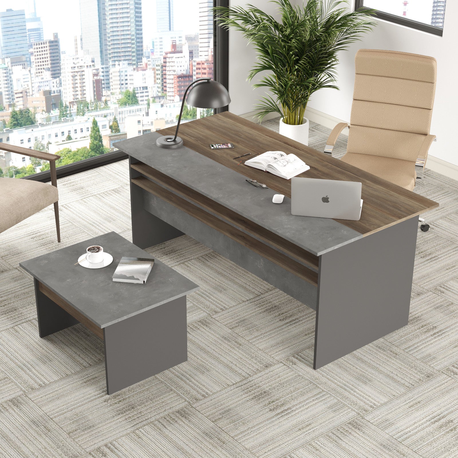 Ensemble Bureau et table basse Harvey Bois Nature et Gris