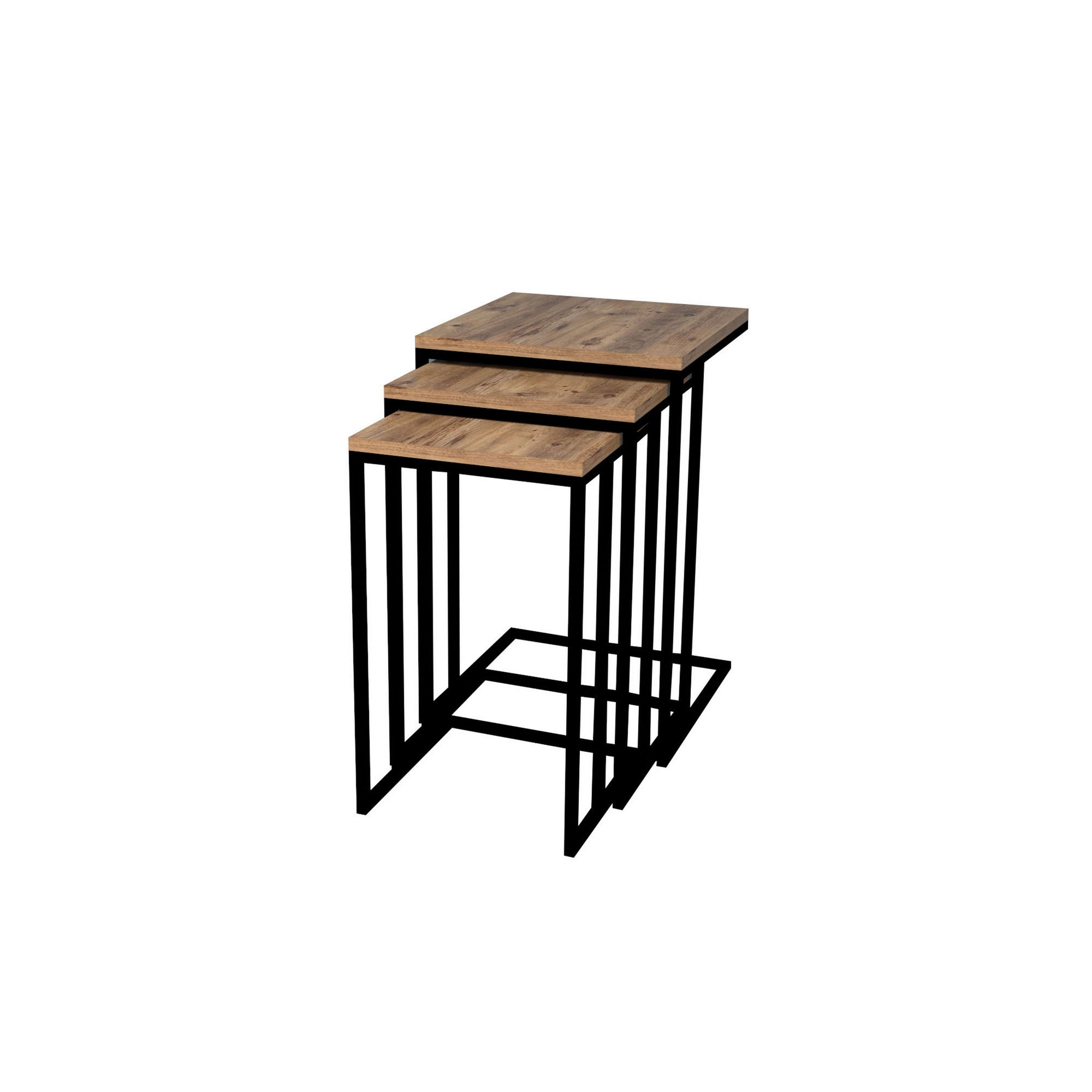 Ensemble de 3 tables basses gigognes Ineke Métal Noir et Bois Naturel