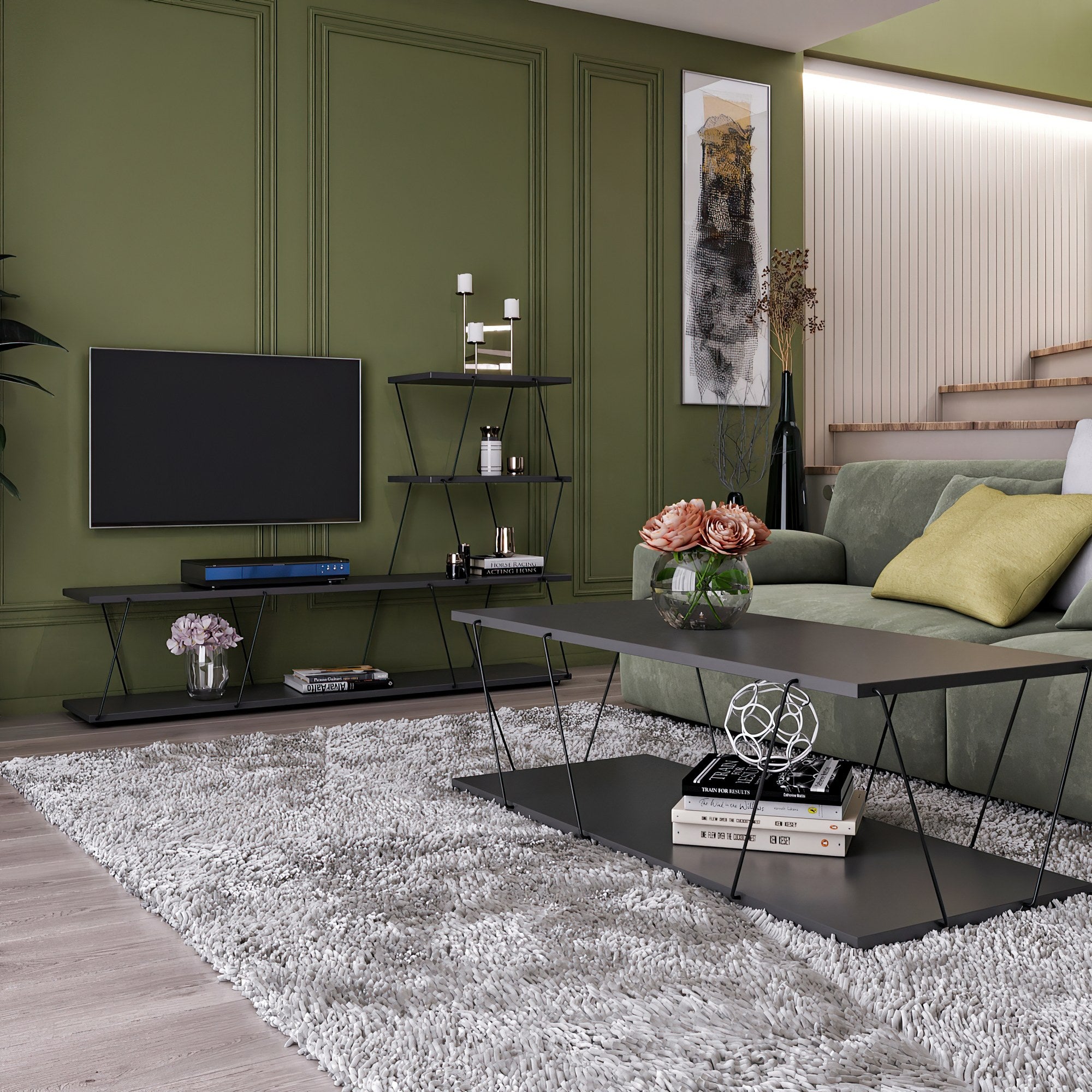 Ensemble meuble Tv avec étagère et table basse Filumis Métal Noir et Bois Anthracite