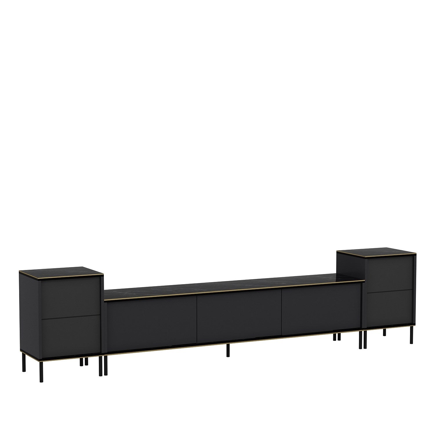 Ensemble meuble TV et 2 tables d'appoints Shonna Anthracite et Effet marbre Noir avec finition Or