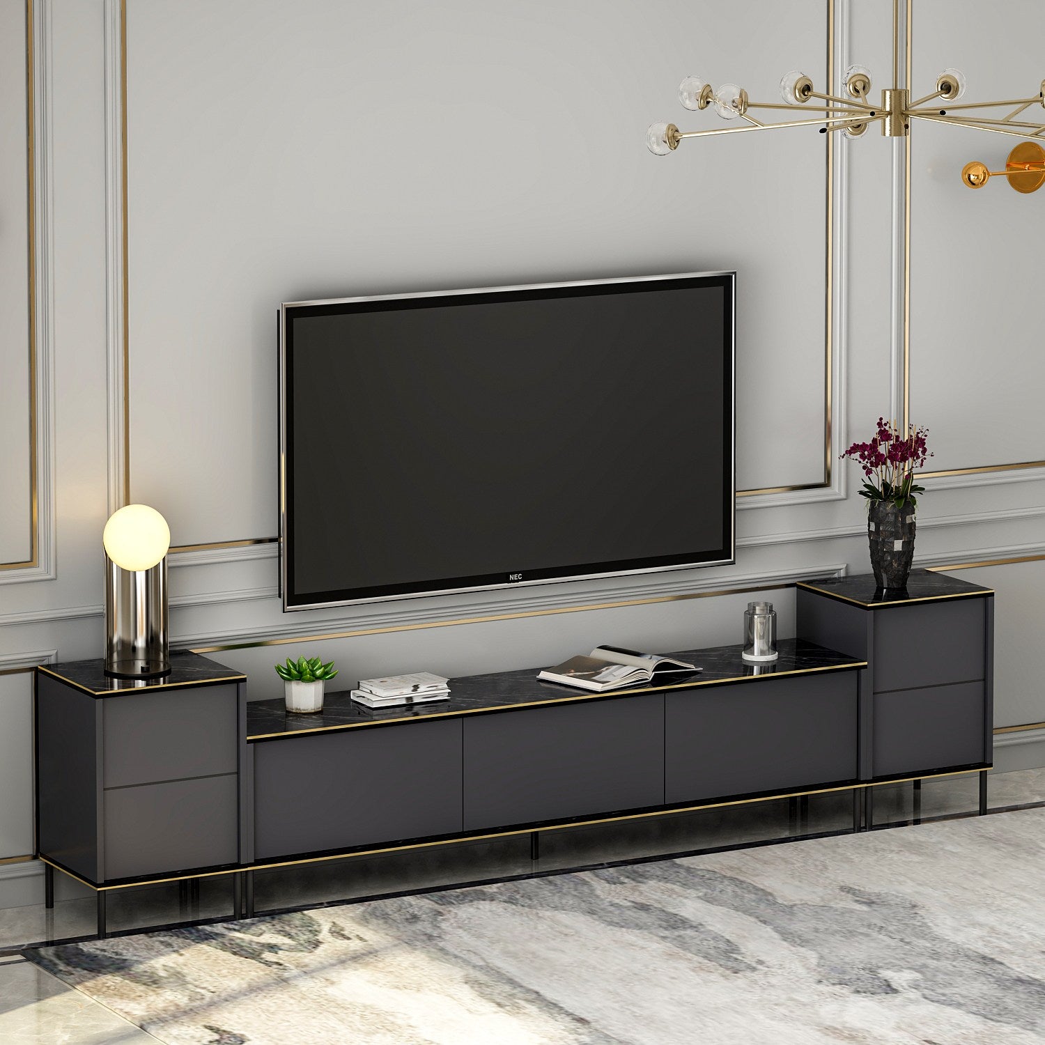 Ensemble meuble TV et 2 tables d'appoints Shonna Anthracite et Effet marbre Noir avec finition Or