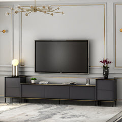 Ensemble meuble TV et 2 tables d'appoints Shonna Anthracite et Effet marbre Noir avec finition Or