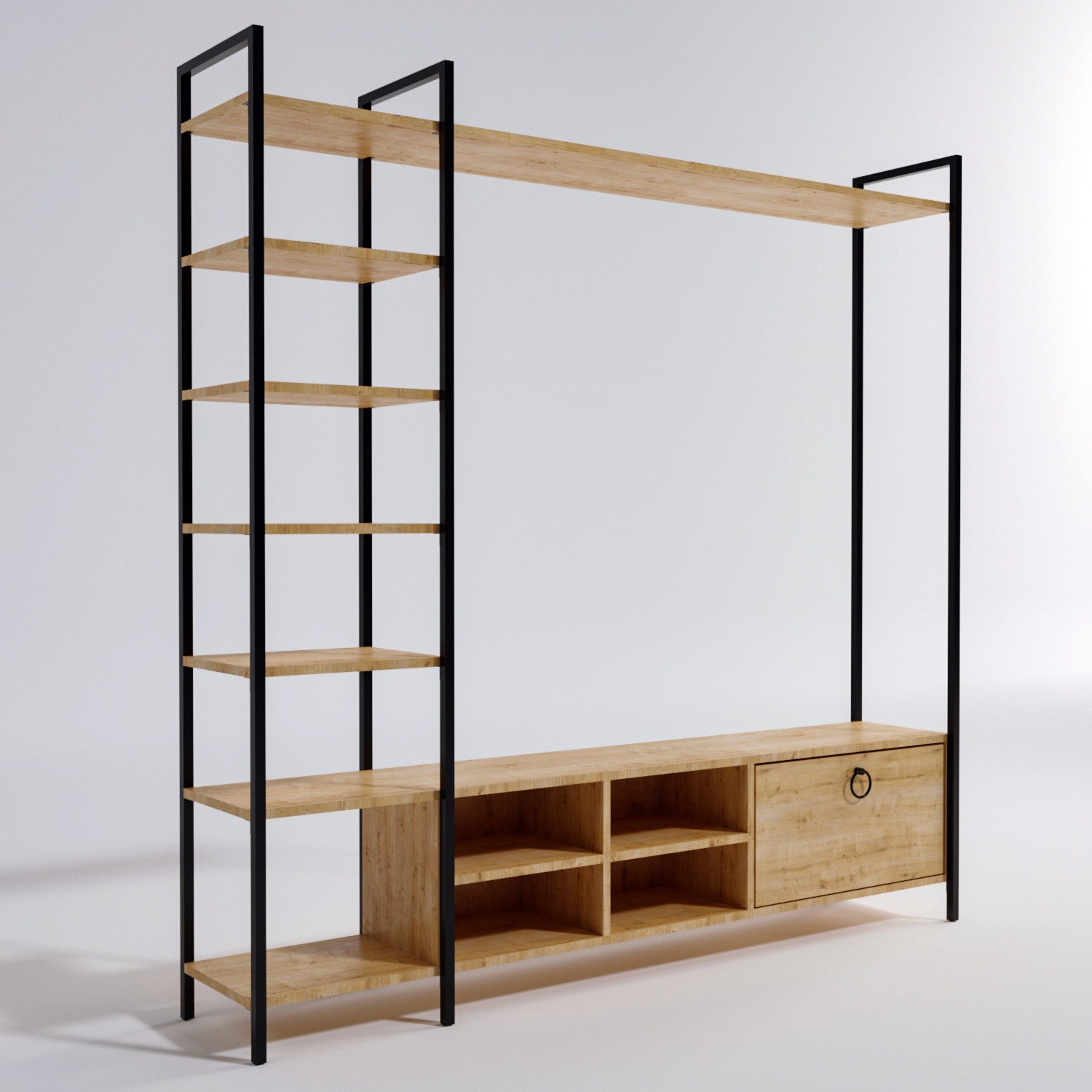 Ensemble meuble TV et bibliothèque style industriel Aaron L180cm Bois chêne et Métal Noir