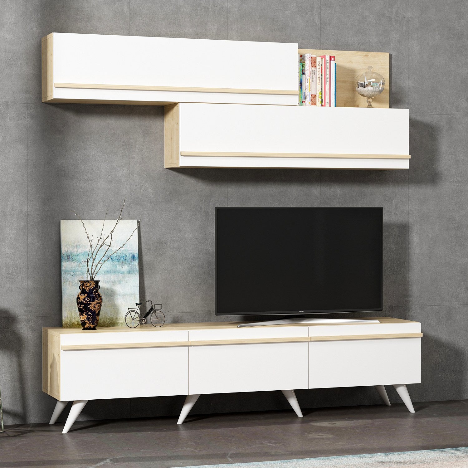 Ensemble meuble TV et étagère murale Brazos Bois clair et Blanc