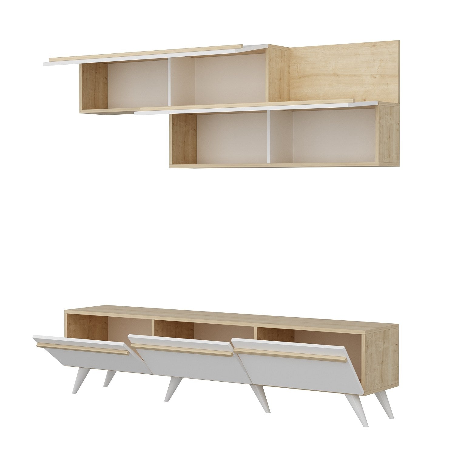 Ensemble meuble TV et étagère murale Brazos Bois clair et Blanc