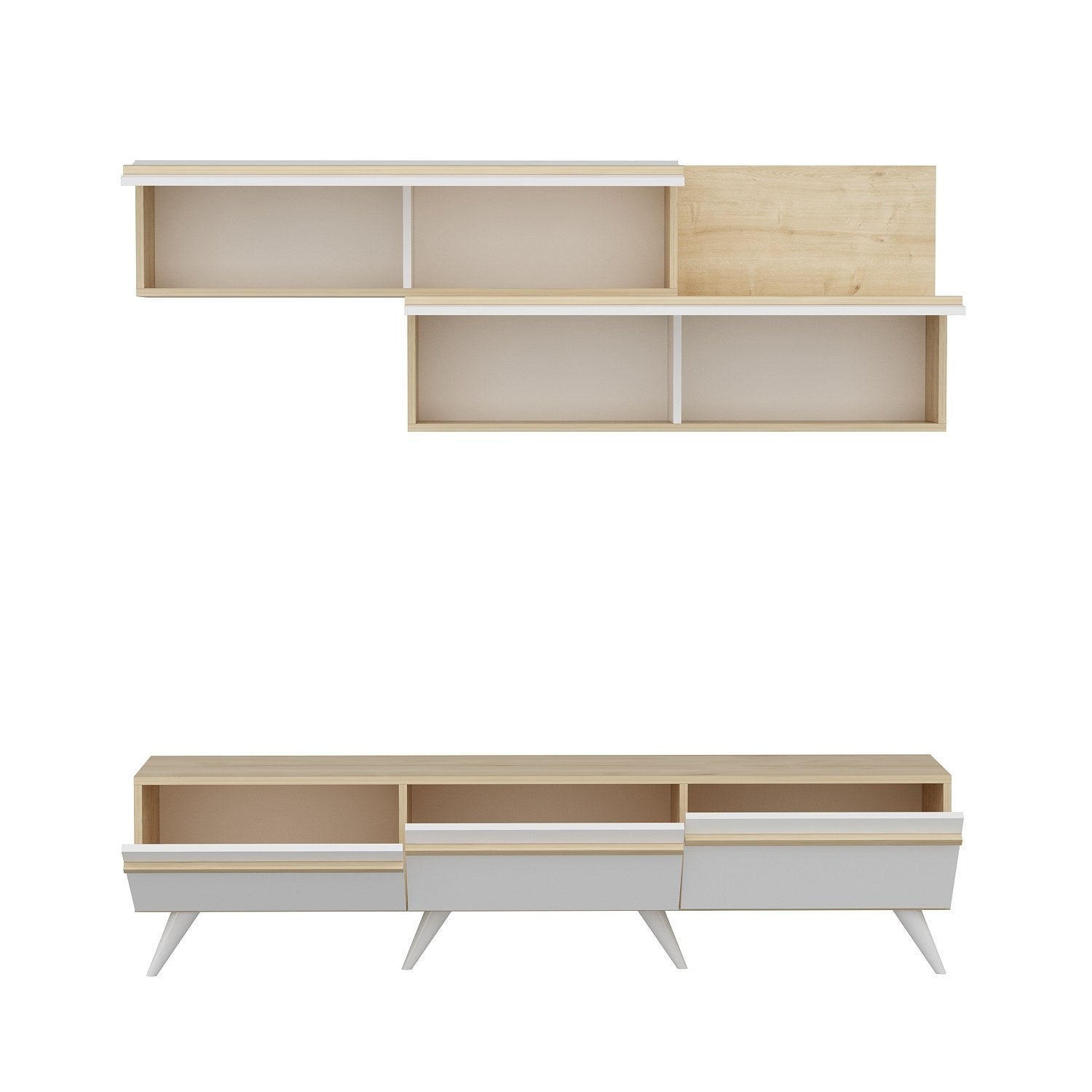 Ensemble meuble TV et étagère murale Brazos Bois clair et Blanc