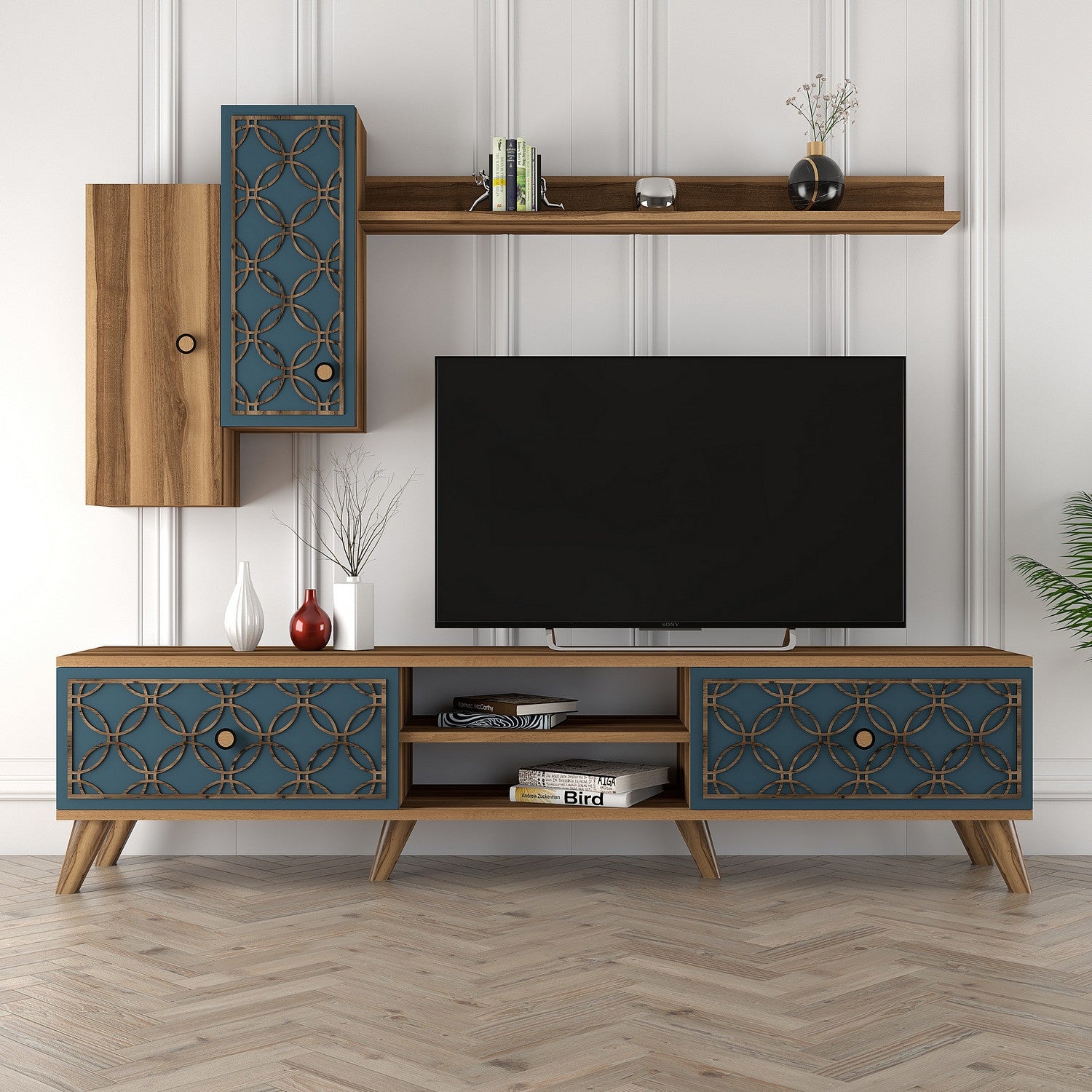 Ensemble meuble TV et étagère murale Varize Motif Arabesque Bleu et Bois