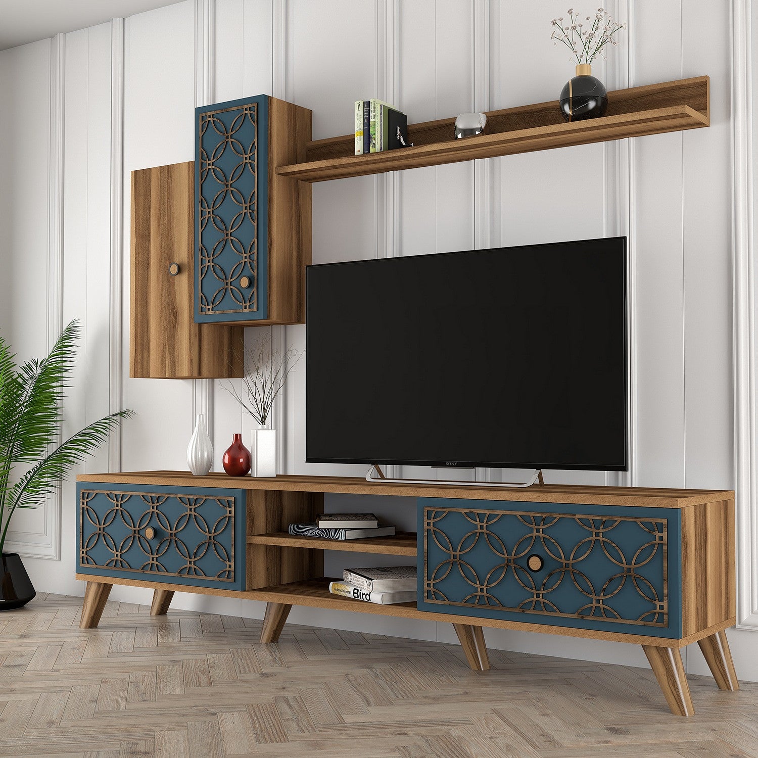 Ensemble meuble TV et étagère murale Varize Motif Arabesque Bleu et Bois