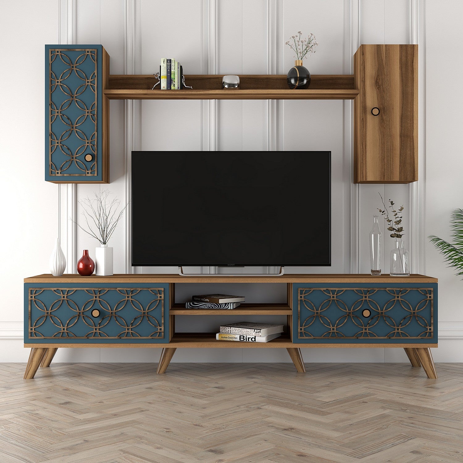 Ensemble meuble TV et étagère murale Varize Motif Arabesque Bleu et Bois