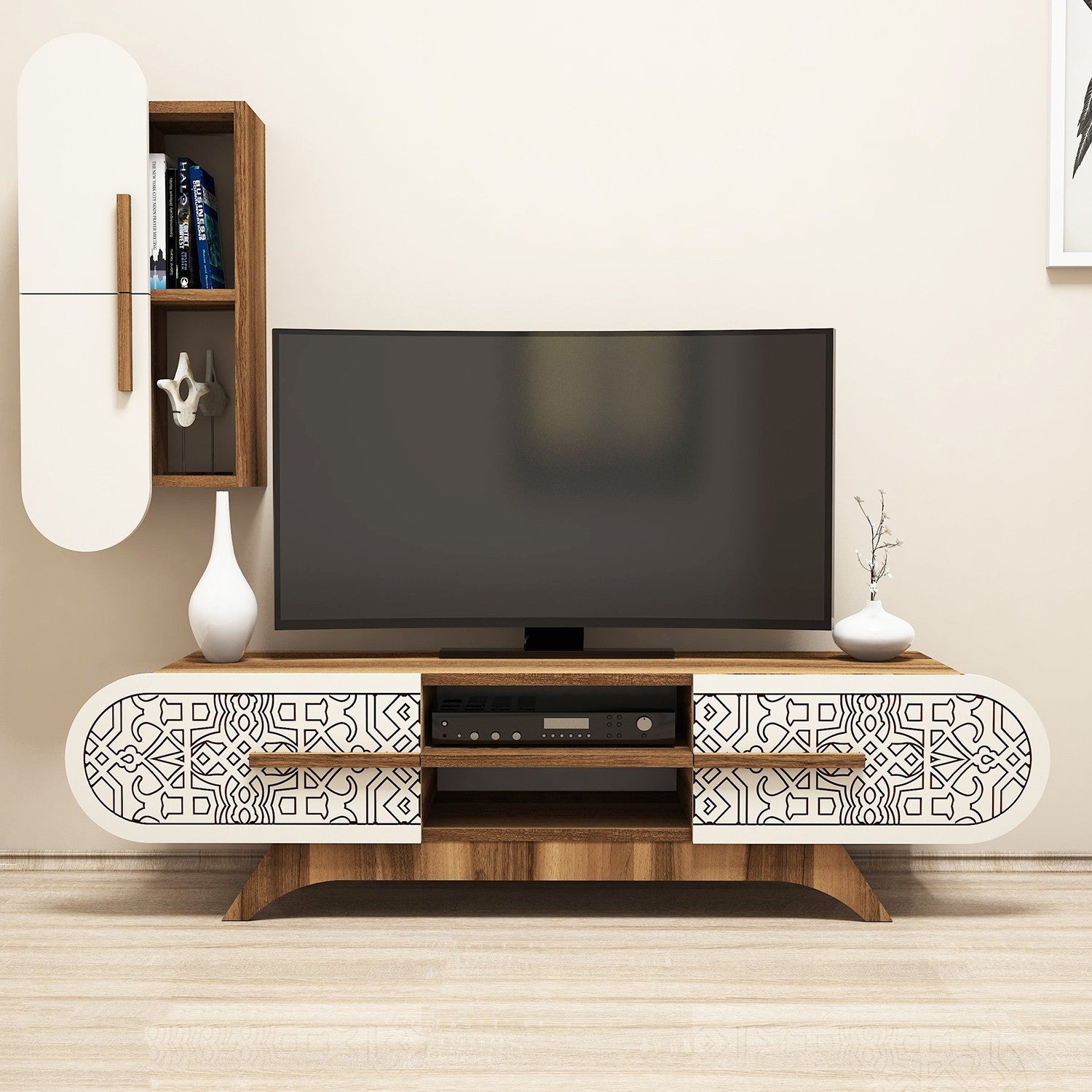 Ensemble meuble TV et étagère Valei Bois et Blanc Motif Arabesque Noir