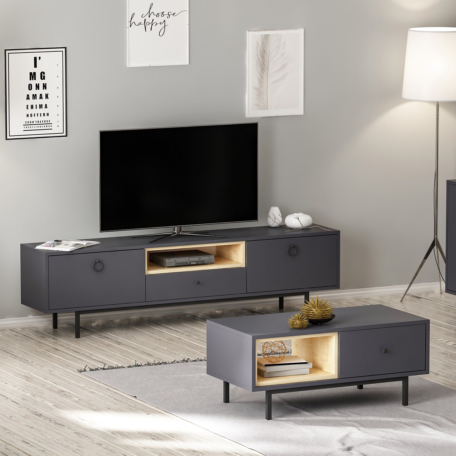 Ensemble meuble TV et table basse Naos Bois clair et Anthracite