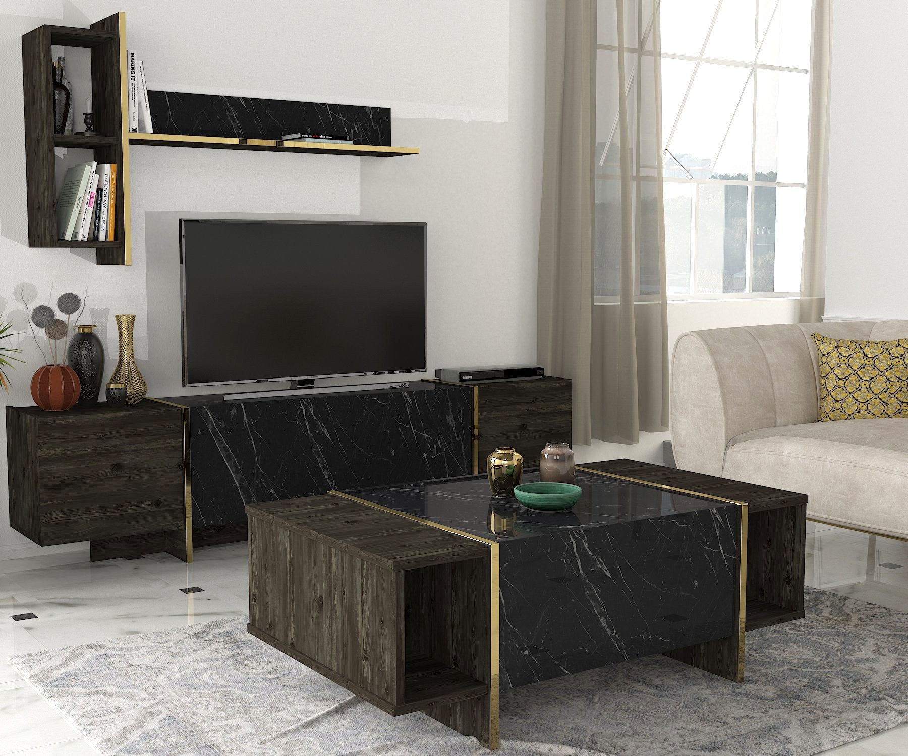 Ensemble meuble TV, étagère murale et table basse Frisko Bois foncé et Effet marbre Noir