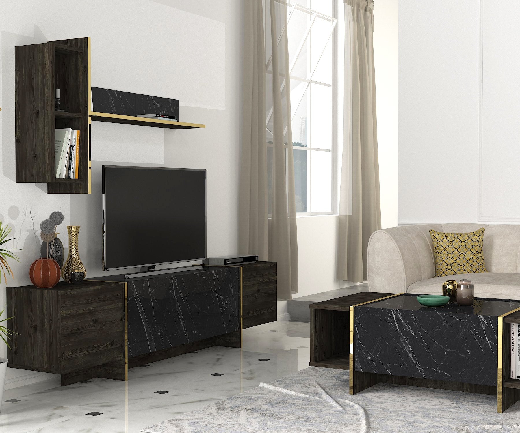 Ensemble meuble TV, étagère murale et table basse Frisko Bois foncé et Effet marbre Noir