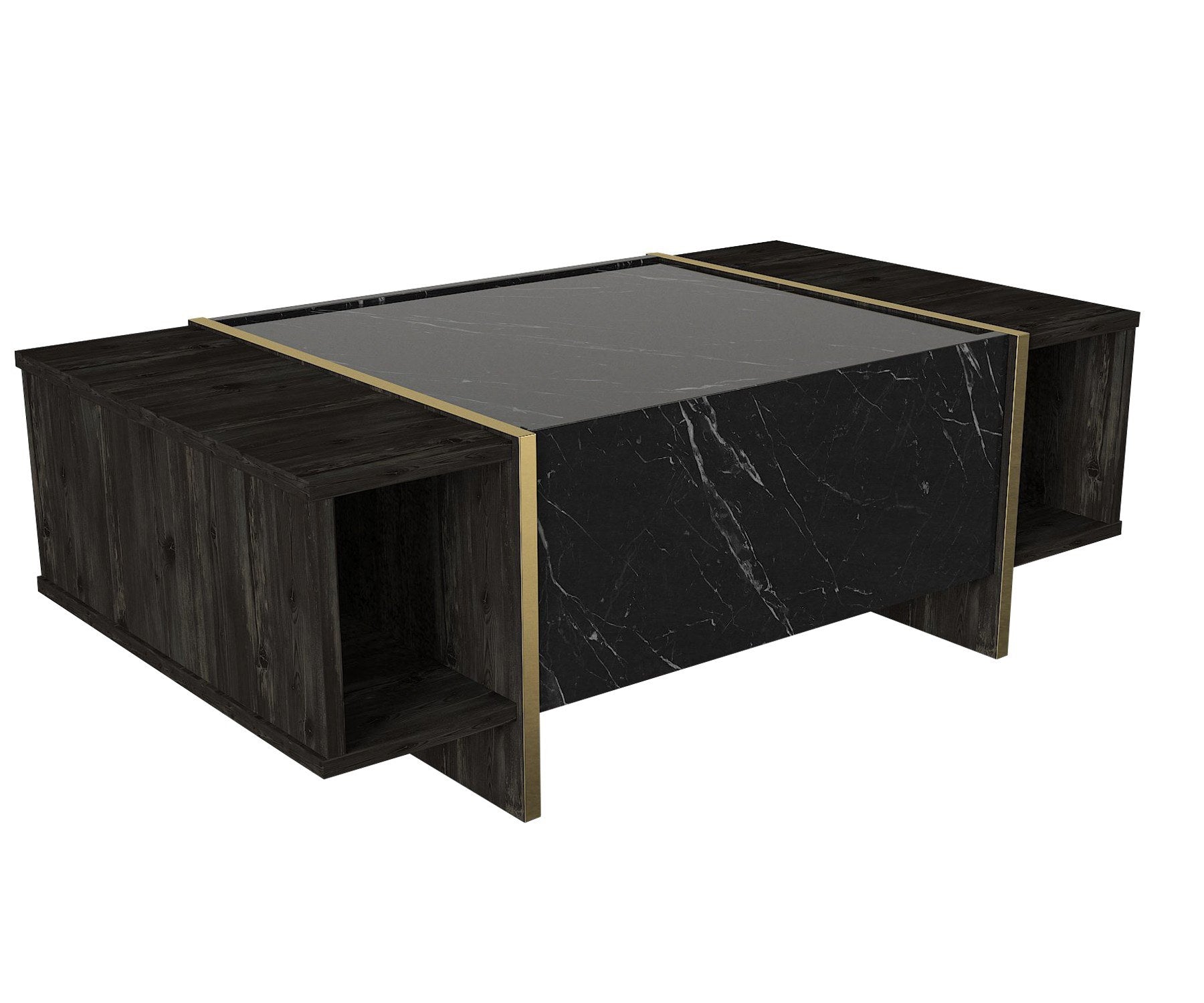 Ensemble meuble TV, étagère murale et table basse Frisko Bois foncé et Effet marbre Noir