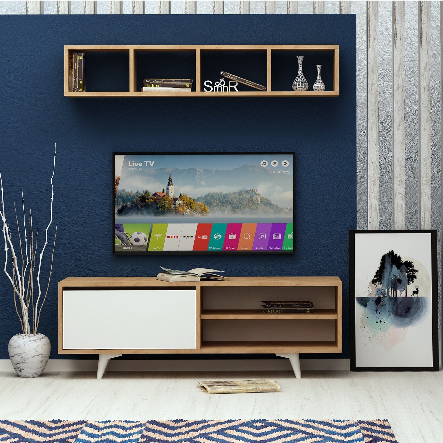 Ensemble meuble TV mural avec étagère L120cm Polmao Chêne et Blanc