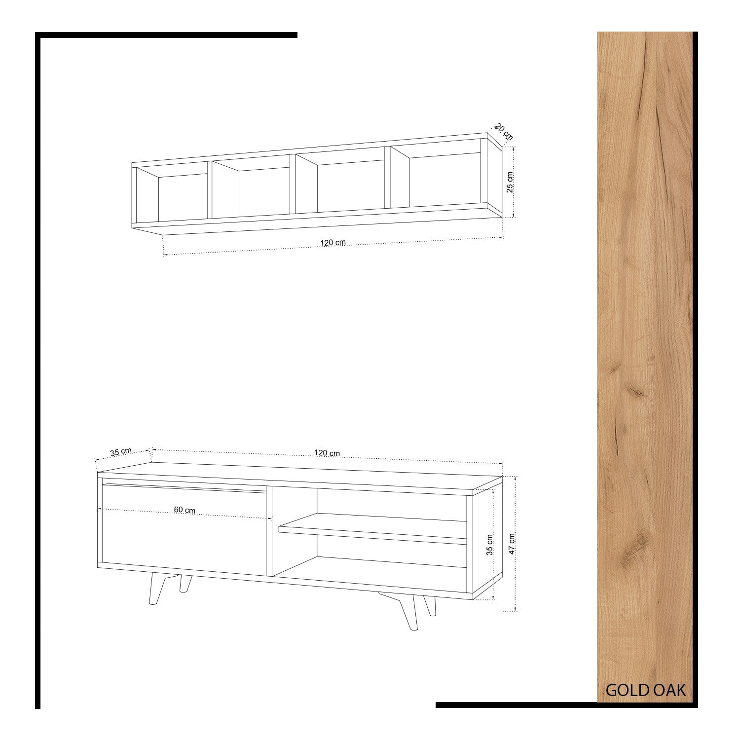 Ensemble meuble TV mural avec étagère L120cm Polmao Chêne et Blanc