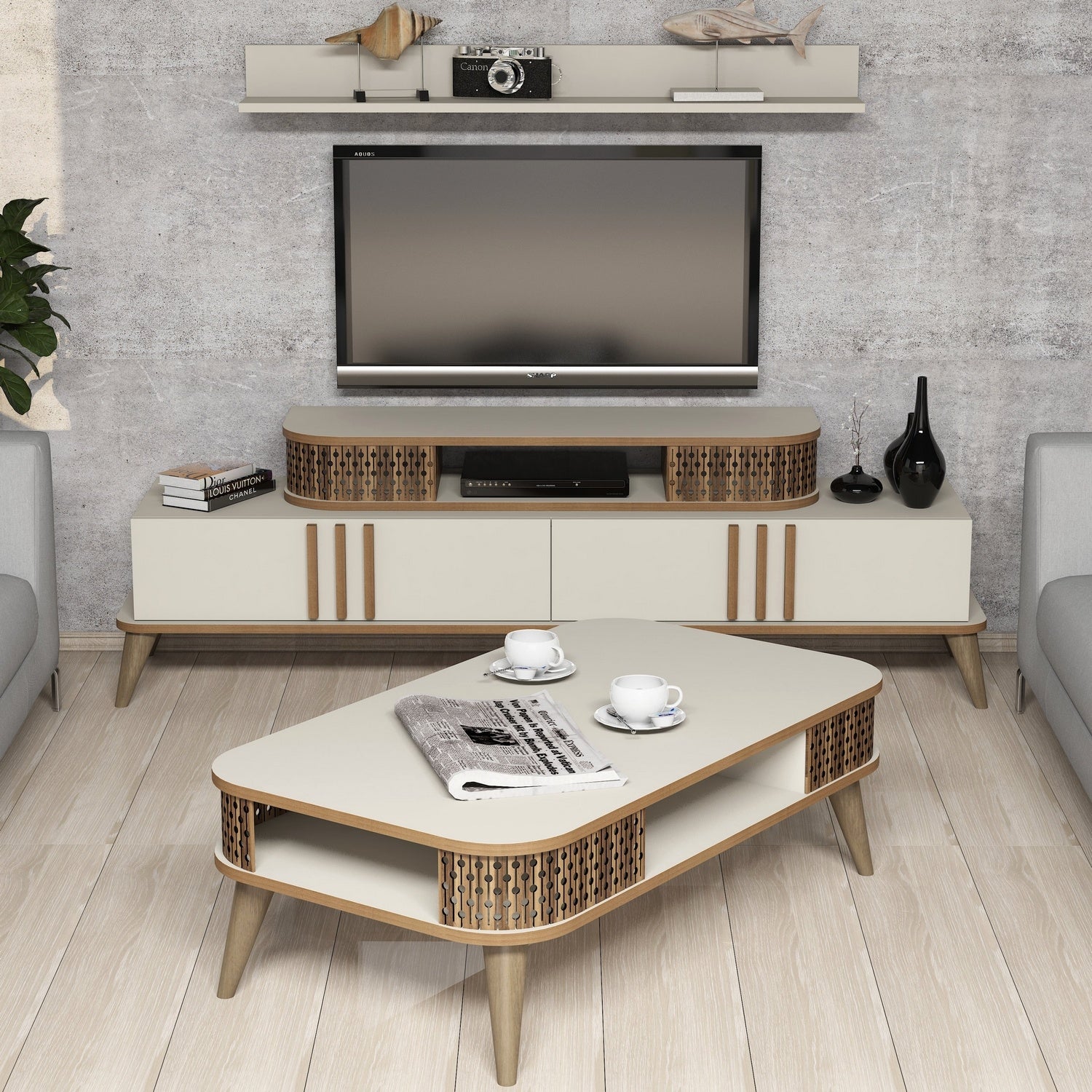 Ensemble meuble TV, table basse et étagère Chanez Chêne et Blanc crème