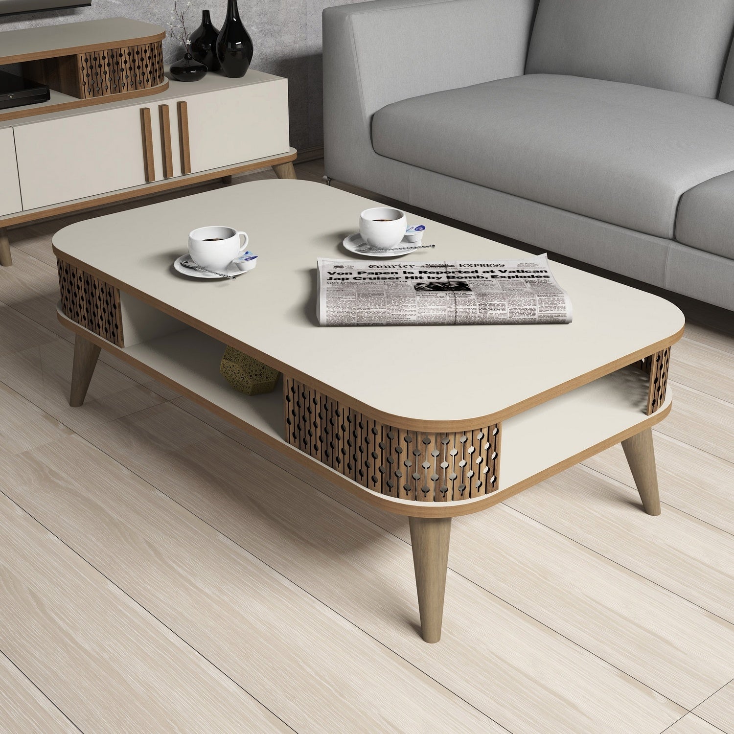 Ensemble meuble TV, table basse et étagère Chanez Chêne et Blanc crème